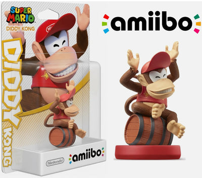 Diddy Kong amiibo shown in original Super Mario packaging and out-of-box view, highlighting branding, sculpt detail, and collector presentation.