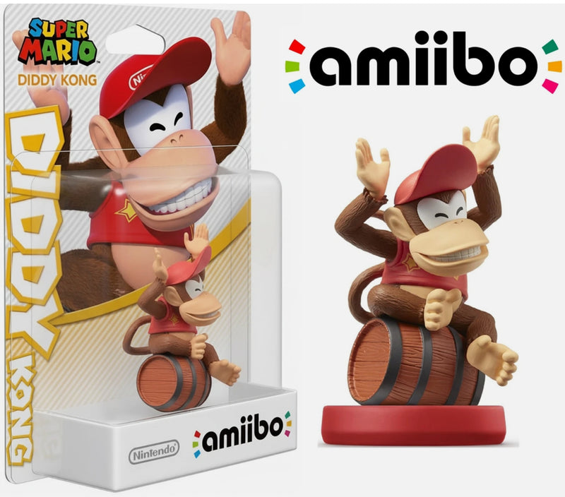 Diddy Kong amiibo shown in original Super Mario packaging and out-of-box view, highlighting branding, sculpt detail, and collector presentation.