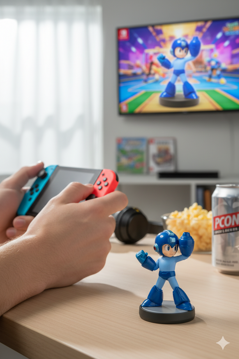 Mega Man amiibo figure in blue armor showcased in a lifestyle setting with other Nintendo accessories, highlighting its role as both a playable and collectible item