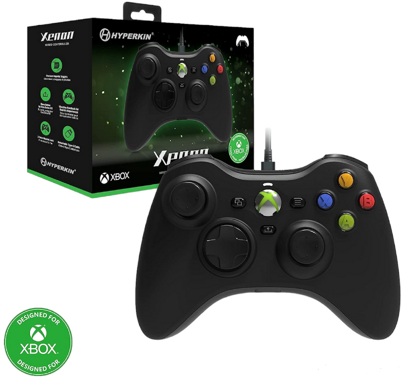 Xenon Wired Controller - Black - Officially licensed Xbox 360 Controller replica for use with Xbox Series X|S, Xbox One, Windows 10|11, PC, Video Game Controller, 3.5MM Audio Jack, Impulse Triggers, Plug and Play Gaming Gamepad