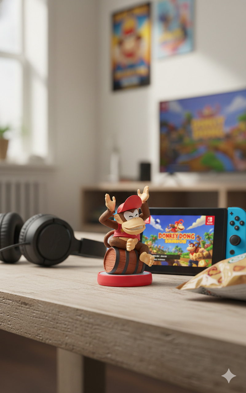 Diddy Kong amiibo displayed in a cozy gaming setup with Nintendo Switch, Donkey Kong-themed posters, headphones, and snack bag, showcasing collector appeal and play environment.