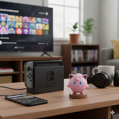 Jigglypuff Amiibo figure displayed beside Nintendo Switch console, demonstrating Amiibo compatibility and collector