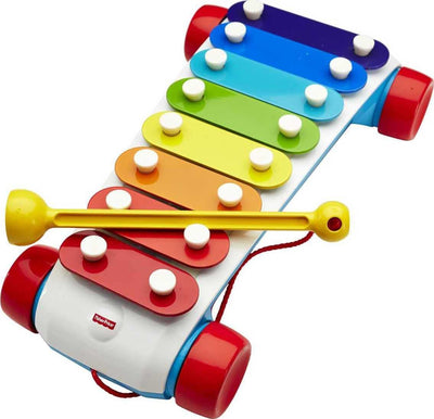 Fisher-Price Toddler Pull Toy, Classic Xylophone Pretend Musical Instrument with Mallet and Rolling Wheels for Ages 18+ Months,Brown